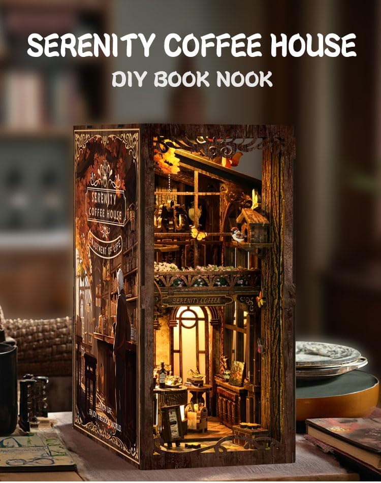 Book Nook Serenity Coffee House 3D Wooden DIY Miniature Kit with LED Lighting - Vintage Bookshelf Decor for Adults - Image 6