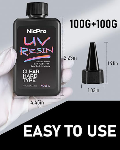 Nicpro UV Resin 200g, 2 PCS Crystal Clear UV Glue Hard, High Viscosity & Quick Curing UV Epoxy Resin Kit for Jewelry Making, Craft, Doming, Coating and Casting