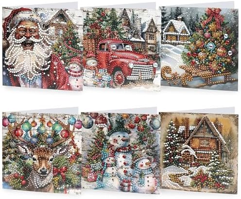 6pcs Diamond Painting Christmas Cards, Art Greeting Envelopes Kit, 5D DIY Rhinestone Painting Postcards with Snowman & Santa Claus, Arts Crafts Thank You Card Set for Birthday, Xmas Holiday Gifts by Marsrut