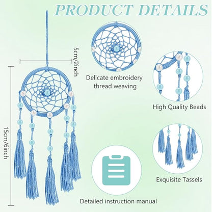 INFUNLY 12PCS DIY Small Dream Catcher Kit Handmade Blue Dreamcatcher for Adult Beginners DIY Mini Hanging Ornament Starter Making Kit for Bedroom Car Mirror Keychain bag Bohemian Decoration Craft Gift