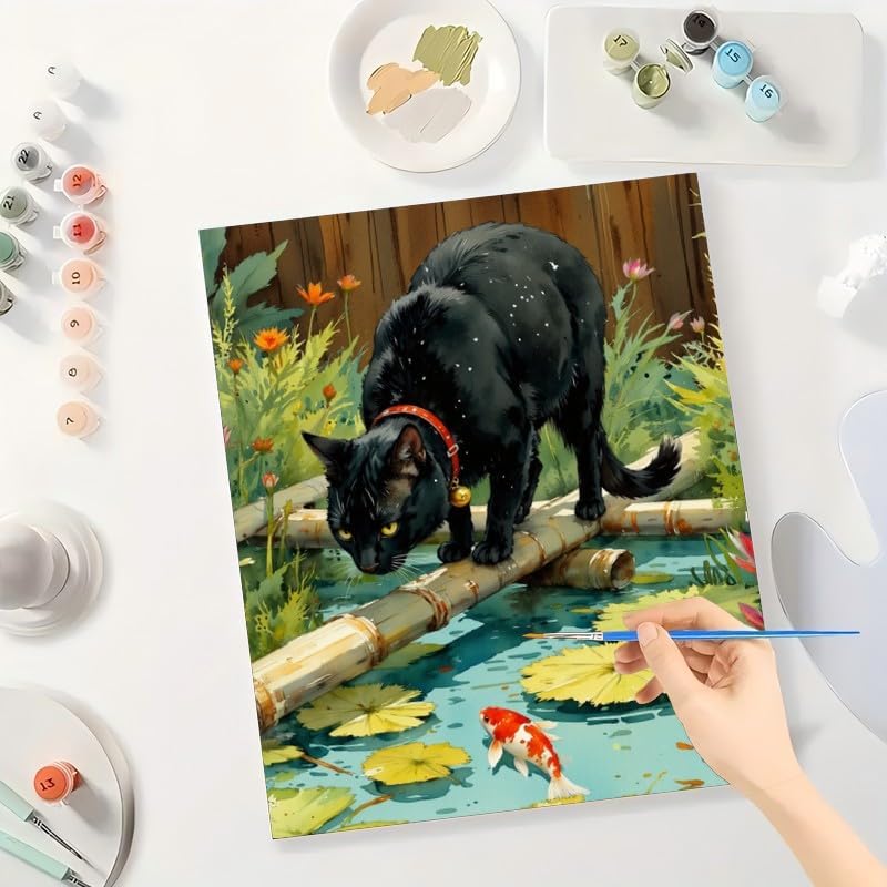 Animal & Garden Paint by Numbers Kit for Adults - DIY Black Cat Watching Koi Fish Painting on Canvas 16x20 Inches, Acrylic Paint Set, Suitable for Beginners,Pet Art for Home Decoration/Gifts - Image 3