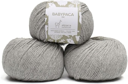 100% Baby Alpaca Yarn Wool Set of 3 Skeins (150 Grams) DK Weight - Made in Peru - Heavenly Soft and Perfect for Knitting and Crocheting (Silver Gray, DK)