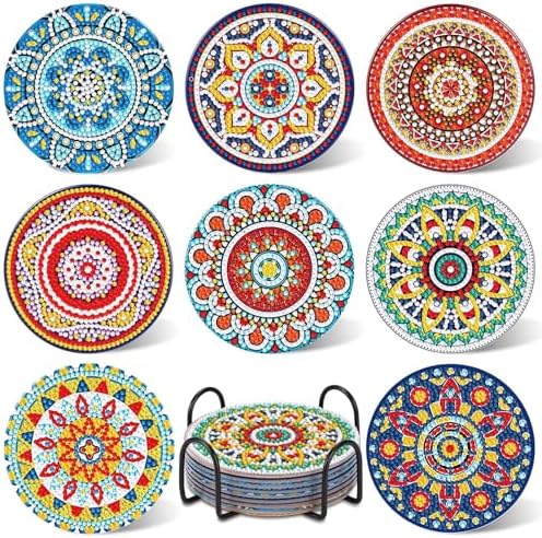 UPINS 8Pcs Mandala Diamond Art Painting Art Coasters Kits with Holder by UPINS