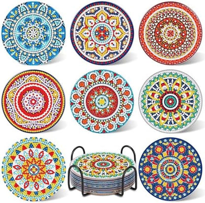 UPINS 8Pcs Mandala Diamond Art Painting Art Coasters Kits with Holder by UPINS