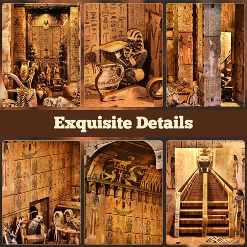 fifijoy Book Nook Kit - DIY Miniature Dollhouse for Adults and Teens, 3D Wooden Puzzle Booknook Tiny House Bookshelf Decor with LED Light, Gifts for Family, Friends (Egyptian Pharaoh’s Tomb) - Image 4