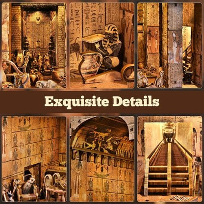 fifijoy Book Nook Kit - DIY Miniature Dollhouse for Adults and Teens, 3D Wooden Puzzle Booknook Tiny House Bookshelf Decor with LED Light, Gifts for Family, Friends (Egyptian Pharaoh’s Tomb) - Image 4