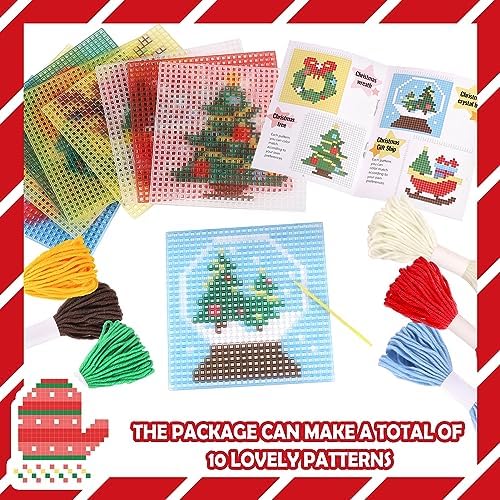 Pllieay Christmas 10-in-1 Cross Stitch Beginner Kit for Kids, Includes Instruction of 10 Different Patterns, 10 Printed Plastic canvases for Needlework, Needlepoint Starter Sewing Set - Image 3
