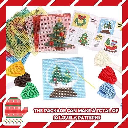 Pllieay Christmas 10-in-1 Cross Stitch Beginner Kit for Kids, Includes Instruction of 10 Different Patterns, 10 Printed Plastic canvases for Needlework, Needlepoint Starter Sewing Set - Image 3