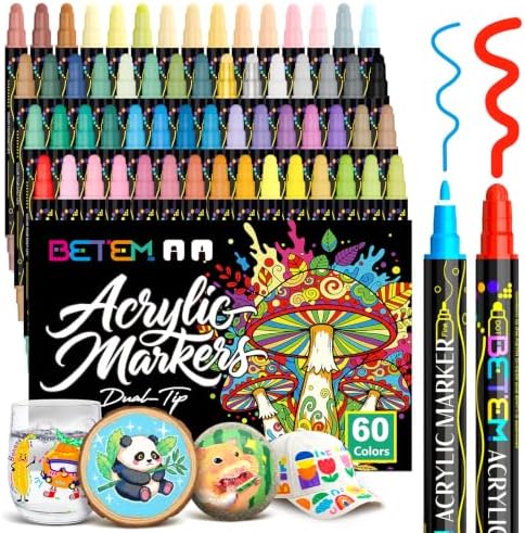 Betem 60 Colors Dual Tip Acrylic Paint Markers, Fabric Decorating Kits by BetemArtWorld