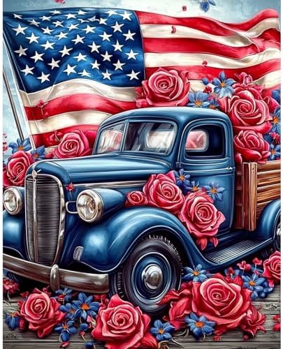 RICUVED Truck Paint by Numbers for Adults, Independence Day Paint by Numbers Kit for Adults Beginners, Flowers DIY Acrylic Flag Oil Painting on Canvas Easy for Gift Home Wall Decor 16x20 Inch by RICUVED