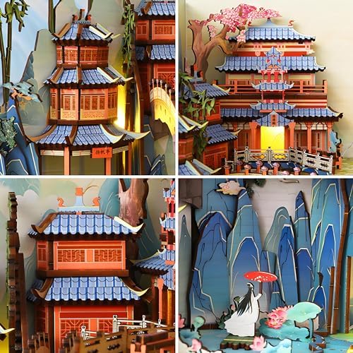 Book Nook Kit for Adults, DIY Dollhouse Booknooks Penglai Wonderland Landscape Decor Chinese Landscapes Bookshelf Insert with Dust Cover LED 3D Wooden Puzzle Assembly Model Creative Gift - Image 6