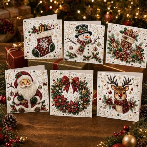 Diamond Art Painting Christmas Cards 6 Pack, 5D DIY Gem Greeting Card Kits by Unknown