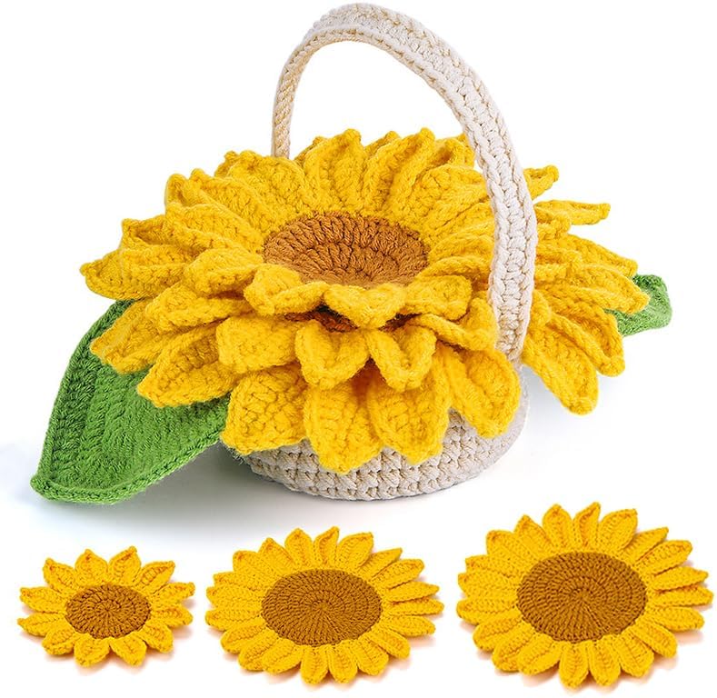 Beginner Crochet Kits, 5-Piece Sunflower Coaster Set, Plant Crochet kit, Adult Crochet Beginner Kits, with Step by Step Guide Video, Sunflower Crochet Material Tool by Unknown