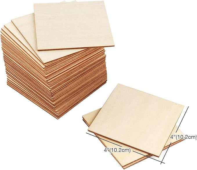 Unfinished Wood Pieces 50 Pcs 4"x4" Inch Wooden Cutout Tiles Blank Wood Slices Wooden Squares for DIY Crafts Home Decoration Painting Staining Unfinished Wood Cup Coasters