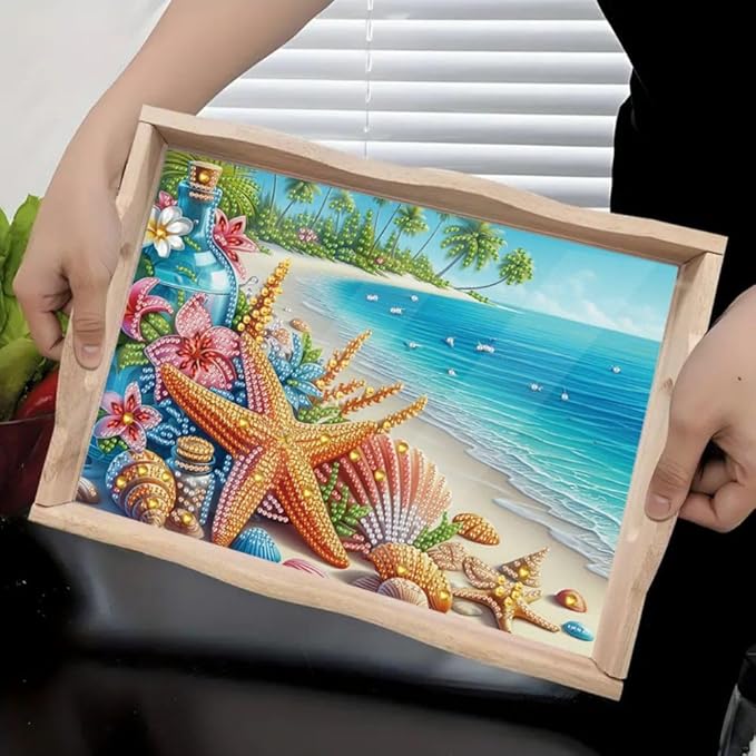DoxQcs DIY Diamond Art Wooden Food Tray with Handle Diamond Painted Table Decoration Tray for Breakfast Bar Dinner Table Diamonds Art Painting for Beginners-Starfish