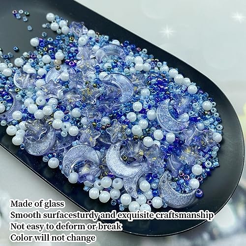 Assorted Glass Beads for Jewelry Making Multi Size Colors Glass Star Moon Seed Pearl Spacer Beads for Bracelets Necklace Earring Making(White Blue) - Image 3