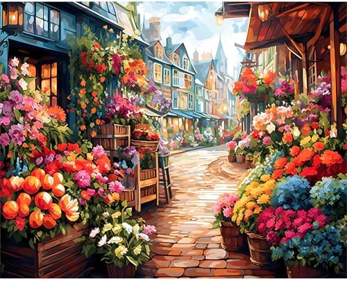 Paint by Numbers Kit for Adults, Flowers Street Number Painting Canvas Kit by CamocinDIYKit