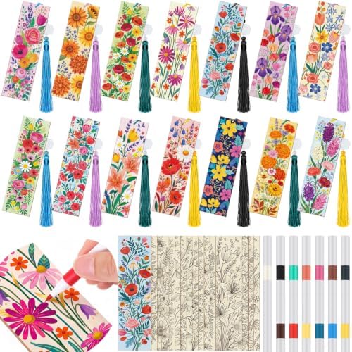 Reallnaive 42 Pcs Wooden Flower Bookmarks DIY Painting Set Includes 15 Unfinished Blank Bookmarks 15 Tassels 12 Markers for Flower Gift Arts Craft Party for Adults Hobby by Reallnaive
