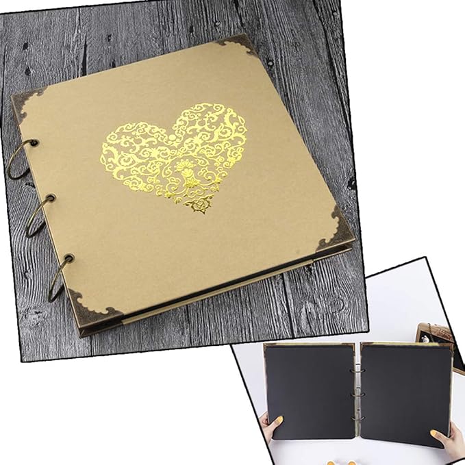 ADVcer Photo Album DIY Scrapbook, 10x10 inch 50 Pages Double Sided, Vintage Hardcover Three-Ring Binder Picture Booth with 408pcs 6 Colors Self Adhesive Photos Corners (Champagne, Gold Blocking Heart)