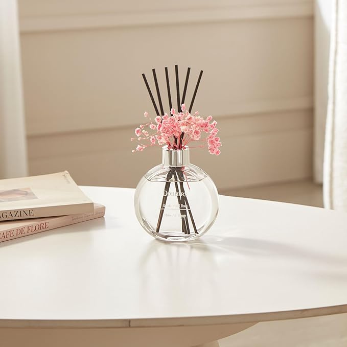Donurex Flower Reed Diffuser Set 5.07oz Sandalwood Rose Scent Diffuser with Sticks Home Fragrance Reed Diffuser for Bathroom Shelf Decor