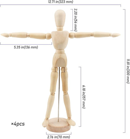 ZEONHEI 4 Pack 12 Inch Wooden Artists Model, Wooden Art Mannequin Moveable Drawing Mannequin, Posable Wooden Figure with Base, Articulated Mannequin Wooden Manikin for Drawing, Painting, Home Decor