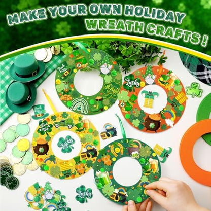 472 Pcs St. Patrick's Day Craft Kits Irish DIY Wreath Craft Kit St. Patrick's Day Wreath Arts Decorations with Lucky Shamrocks Leprechauns Gnome Stickers for Irish Indoor Outdoor Home Party Favors - Image 2