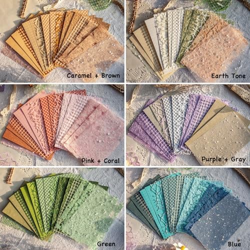 96 Sheets Textured Scrapbook Paper and Mesh Fabric Assorted Set - 6 Pack Mixed Special Paper for Scrapbooking Planner Bullet Junk Journal Supplies Mixed Media Collage Card Embellishments 3.9x5.5 Inch - Image 3