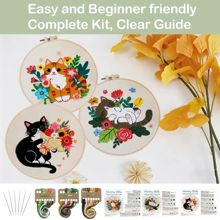 Nuberlic 3 Pack Cat Embroidery Kit for Beginners Adults - Image 2