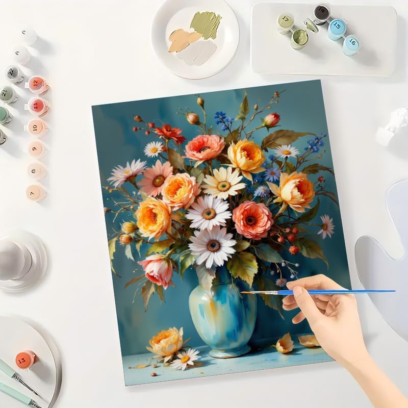 Flower Bouquet Paint by Numbers Kit for Adults - DIY Mixed Flowers in Ceramic Vase Painting on Canvas, Acrylic Paint Set, Suitable for Beginners, Art for Home Decoration or Gifts(12X16IN Framed) - Image 3