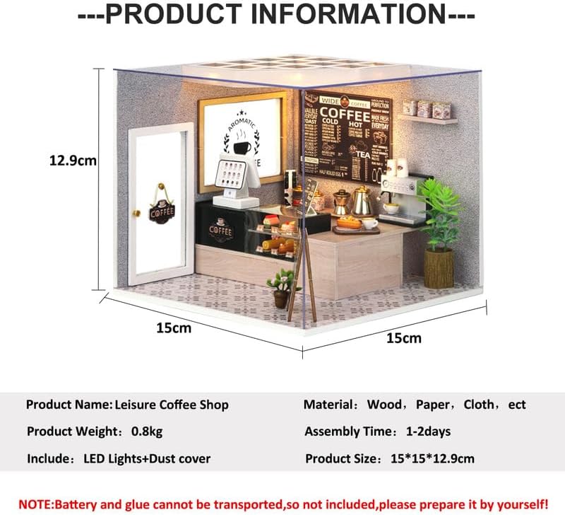 CUTEROOM DIY Miniature House Kit - Mini Craft Rooms for Adults with LED Lights, Realistic Mini Dollhouse Kit Building Model Kit, Creative Home Decor Gift- Leisure Coffee Shop - Image 2