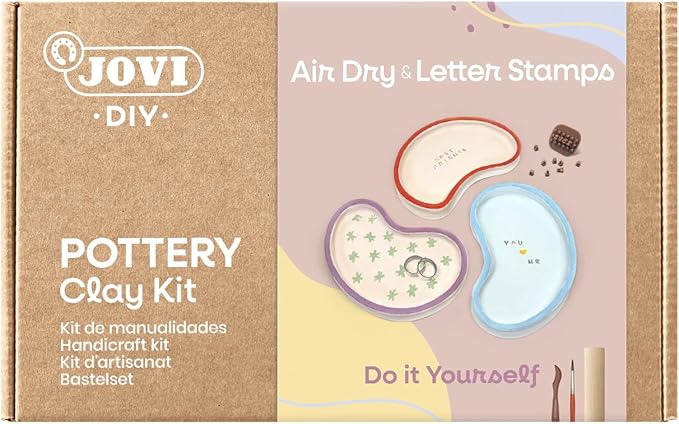 Jovi - DIY Air Dry Kit & Letter Stamp - Pottery Kit for Adults, Making Personalized Clay Pieces with White Air Dry Clay + Paints, Sculpting Tools, Step-by-Step Guide and Video Tutorial, Starter Set