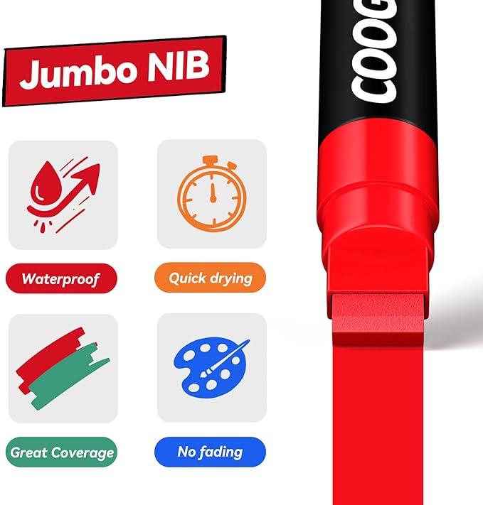 Coogert 8 Vibrant Colors Jumbo Poster Markers, 15MM Thick Permanent Acrylic Graffiti Markers, Wide Tip Paint Marker for Canvas, Posters Board, Fabric, Window, Wood, Teachers,Banner painting supplies