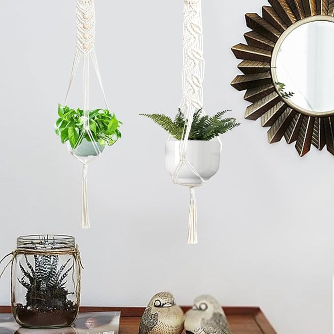 ORIGACH 3 Set DIY Macrame Plant Hanger Kit for Beginner, Boho Macrame Hanging Plant Holders with Macrame Cord, Wooden Rings, S Hooks & Instructions for Adult Beginner