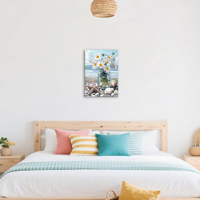 WENGTIAO Blue Beach Bunch of Flowers Canvas Wall Art Ocean Stones Paintings White Flowers in Full Bloom Wall Picture Canvas Print Artwork Wall Decor for Dining Office Living Room Bedroom 12"x16"