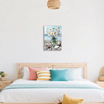 WENGTIAO Blue Beach Bunch of Flowers Canvas Wall Art Ocean Stones Paintings White Flowers in Full Bloom Wall Picture Canvas Print Artwork Wall Decor for Dining Office Living Room Bedroom 12"x16"