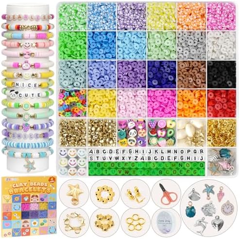 FZIIVQU 6100Pcs Clay Beads Bracelet Making Kit 24 Colors Friendship Bracelet Beads Kit with Preppy Polymer Bead for Jewelry Making Charms Gifts for Teen Girls Ages 6-12 by FZIIVQU