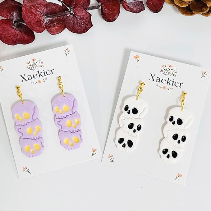 Xaekicr Halloween Skull Polymer Clay Cutters – 3-Stacked Skull Shape Clay Earring Cutters for DIY Jewelry, Polymer Clay Molds, Clay Tools – Halloween Cookie & Earring Making Supplies