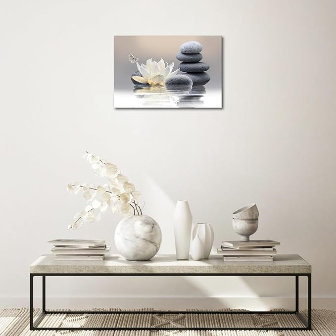 Zen Stone Framed Canvas Wall Art, White Flower and Yellow Butterfly on Lake Wall Paintings for Bathroom Living Room Bedroom Modern Spiritual Yoga Spa Canvas Prints Picture Wall Decor Artwork 16x24 inch
