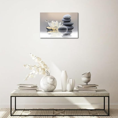 Zen Stone Framed Canvas Wall Art, White Flower and Yellow Butterfly on Lake Wall Paintings for Bathroom Living Room Bedroom Modern Spiritual Yoga Spa Canvas Prints Picture Wall Decor Artwork 16x24 inch