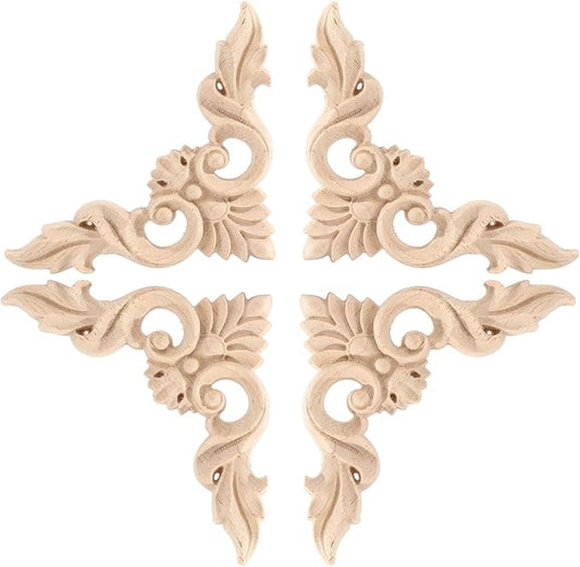 4PCS Corner Wooden Carving Decal Unpainted Wood Appliques Onlays DIY Wood Carved Furniture Appliques Onlays for Wall Bed Door Wardrobe Cabinet Furniture Decoration(08,20x20cm/7.87x7.87inch)