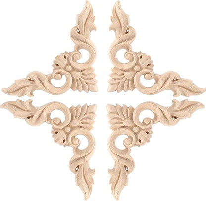 4PCS Corner Wooden Carving Decal Unpainted Wood Appliques Onlays DIY Wood Carved Furniture Appliques Onlays for Wall Bed Door Wardrobe Cabinet Furniture Decoration(08,10x10cm/3.94x3.94inch)