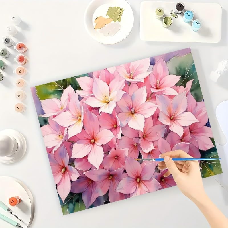 Floral Paint by Numbers Kit for Adults - DIY Pink Hydrangea Blossom Painting on Canvas, Acrylic Paint Set, Suitable for Beginners, Botanical Art for Home Decoration or Gifts(12X16IN Framed) - Image 3