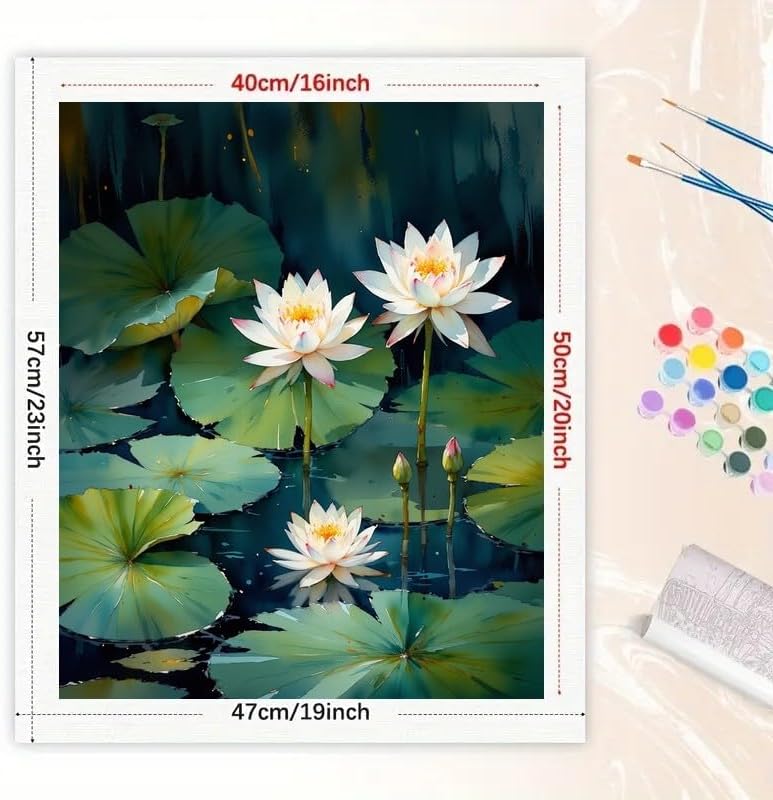 Botanical Paint by Numbers Kit for Adults - DIY Lotus Flowers and Lily Pads on Water Painting on Canvas 16x20 Inches, Acrylic Paint Set, Suitable for Beginners,Nature Art for Home Decoration - Image 2