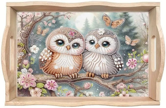 DoxQcs DIY Diamond Art Wooden Food Tray with Handle Diamond Painted Table Decoration Tray for Breakfast Bar Dinner Table Diamonds Art Painting for Beginners-Owl