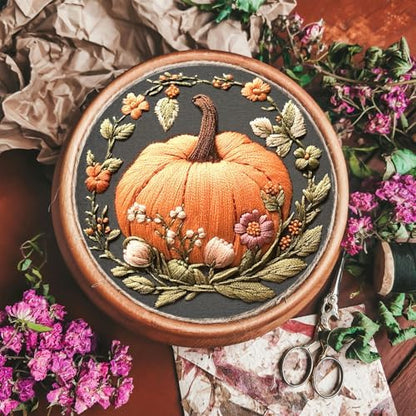 FONNUY Pumpkin Embroidery Kit for Beginners, Pre-Stamped Pattern Kits for Adults with Hoop, Easy to Follow Color Thread Needlework, 8'' Hoop (Orange) - Image 2