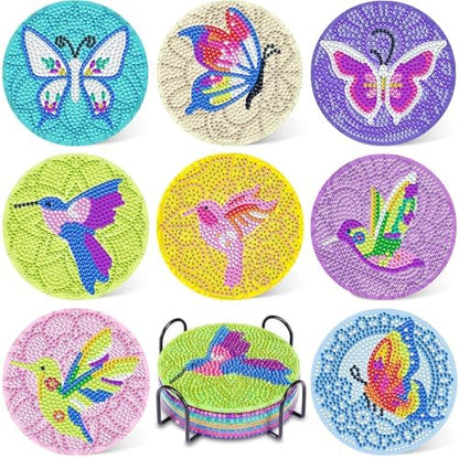 UPINS DIY Kit, Diamond Art Painting Coasters with Holder, 8 Pcs Hummingbird Butterfly Coaster Craft Supplies for Adults Kids Beginners by UPINS
