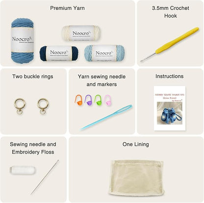 Noocro Crochet Kit Granny Square Shumai Bag, Purse, Complete DIY Kit, Detailed Instructions, Video Tutorials, for Beginners or Intermediate and Advanced Crocheters (Ocean Breeze)