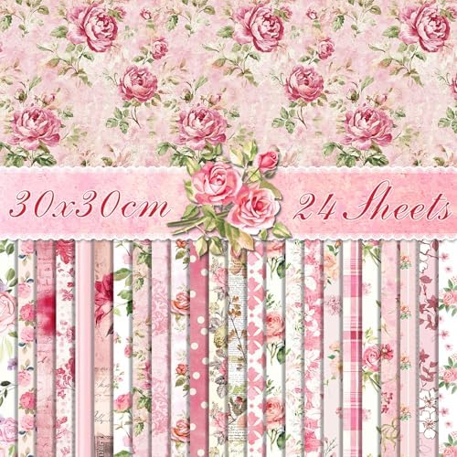 Pink Scrapbook Pattern Paper Pink Flower Junk Journal Papers Pad 12×12,24 Sheets Double-Sided Bobo Floral Scrapbooking CardStock Paper Pad for Holiday Cardmaking DIY Papers. by iKammo