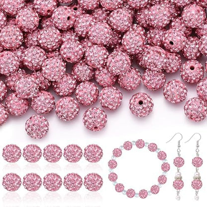 105pcs 10mm Rhinestone Beads for Jewelry Making, Pink Shiny Round Disco Ball Beads Bulk, Sparkle Crystal Clay Christmas for Bracelet Baseball Necklace Earring Crafting and DIY by TINKRSTUFF