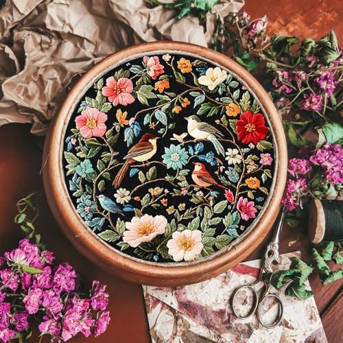 FONNUY Embroidery Kit for Beginners, Birds with Flowers Pre-Stamped Pattern Kits for Adults with Hoop, Easy to Follow Color Thread Needlework, 8'' Hoop (Blue) - Image 4